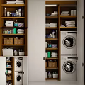 Organized Laundry Space With Washing Machines Detergents Towels And Storage Shelves