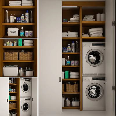 Organized Laundry Space With Washing Machines Detergents Towels And Storage Shelves 3d model