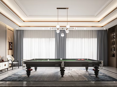 Modern Billiard Room Interior Design With Green Pool Table Pendant Lights And Gray Curtains 3d model