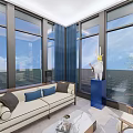 Modern Glass Sunroom Structure With Blue Roof And Transparent Walls On Black Floor