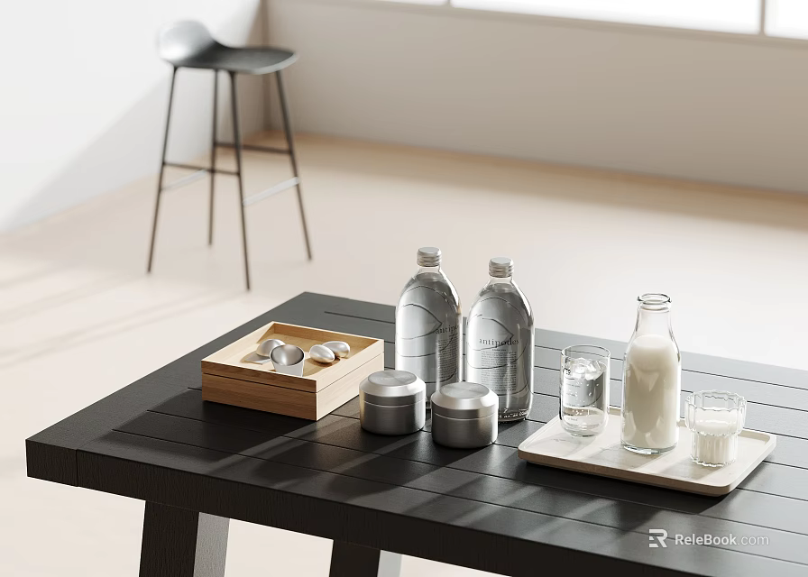 Ceramic Ware Display On Black Table With Glass Bottles And Milk Cups 3d model