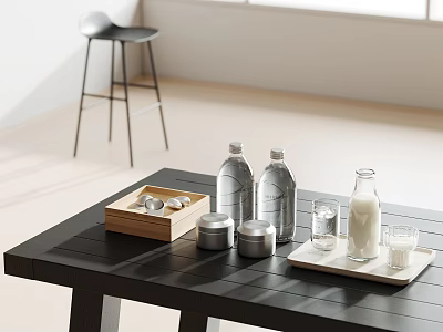 Ceramic Ware Display On Black Table With Glass Bottles And Milk Cups 3d model