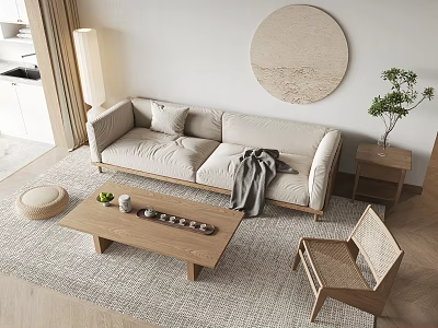 Modern Sofa And Coffee Table Set With Light Fabric Sofa Wooden Table And Area Rug 3d model