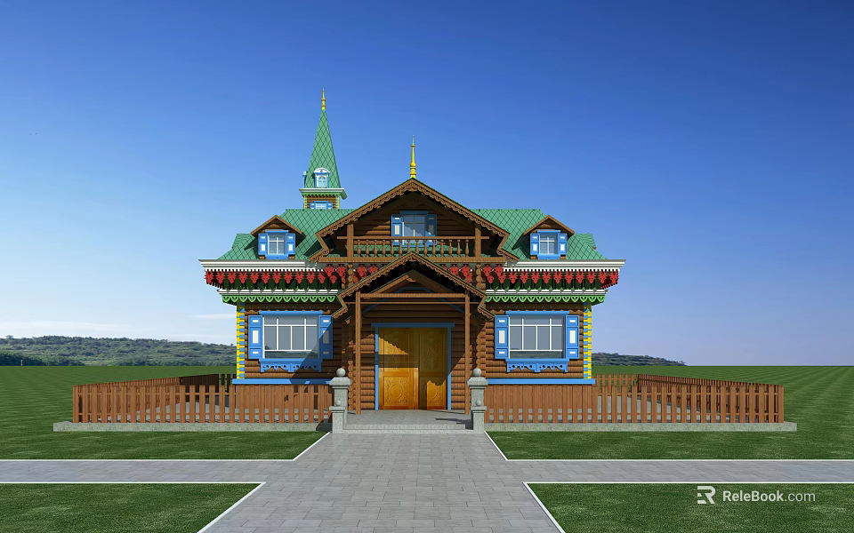 Colorful Wooden Detached Villa With Green Spire Porch And Lawn Pathway 3d model 