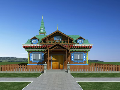 Colorful Wooden Detached Villa With Green Spire Porch And Lawn Pathway 3d model