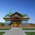 Colorful Wooden Detached Villa With Green Spire Porch And Lawn Pathway