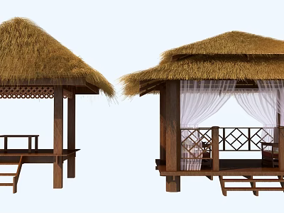 Two Thatched Pavilions With Simple Wooden Design And White Curtains Interior 3d model