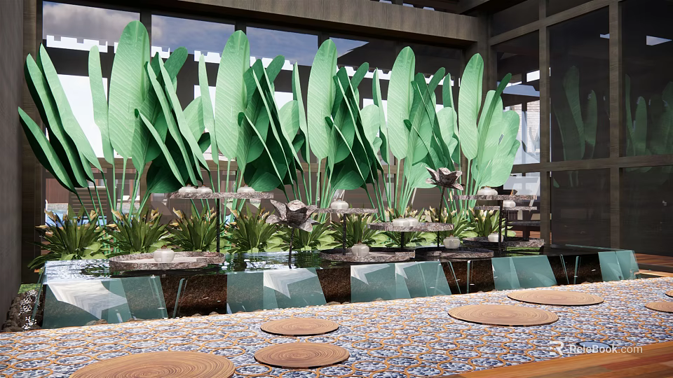 Garden Decorative Pieces With Green Leafy Plants And Artistic Potted Arrangements 3d model 