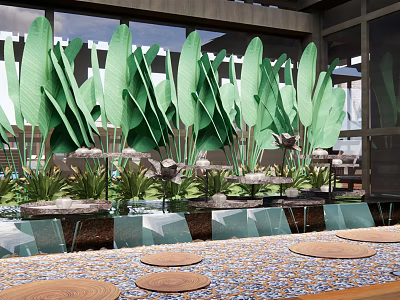 Garden Decorative Pieces With Green Leafy Plants And Artistic Potted Arrangements 3d model