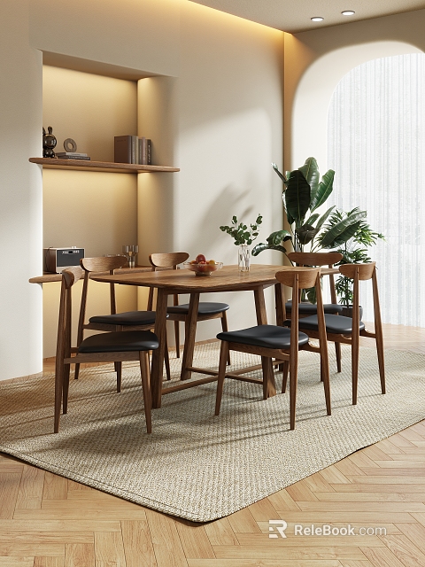 Modern Restaurant Interior With Wooden Dining Table Black Chairs Green Plants And Bookshelf 3d model 