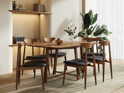 Modern Restaurant Interior With Wooden Dining Table Black Chairs Green Plants And Bookshelf 3d model