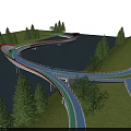 Curved Landscape Bridge With Colored Walkways Over Water And Lush Trees