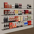 Assorted Wine Bottles And Glasses Displayed On Wall Shelves In Room 3d model