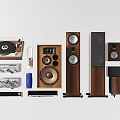 Modern Headphones And Audio Speakers Collection With Turntable Amplifier And Wooden Design