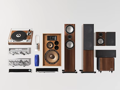 Modern Headphones And Audio Speakers Collection With Turntable Amplifier And Wooden Design 3d model