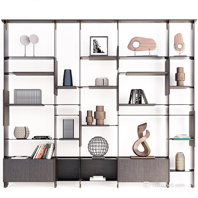 Elegant Modern Shelving Unit with Decorative Books Vases Sculptures and Art Pieces 3d model 