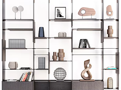 Elegant Modern Shelving Unit with Decorative Books Vases Sculptures and Art Pieces 3d model
