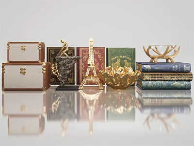 Decorative Ornament Set With Vintage Boxes Eiffel Tower Model Antler Decor Golden Bowl And Books 3d model