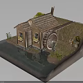 Wooden Cabin With Tiled Roof And Water Wheel Near Small Pond And Green Plants
