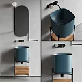 Cylindrical Blue Washbasin on Black Metal Stand with Grey Wall Background
