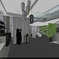 Modern Public Office Space With Open Layout Pendant Lights Glass Partitions And Display Areas