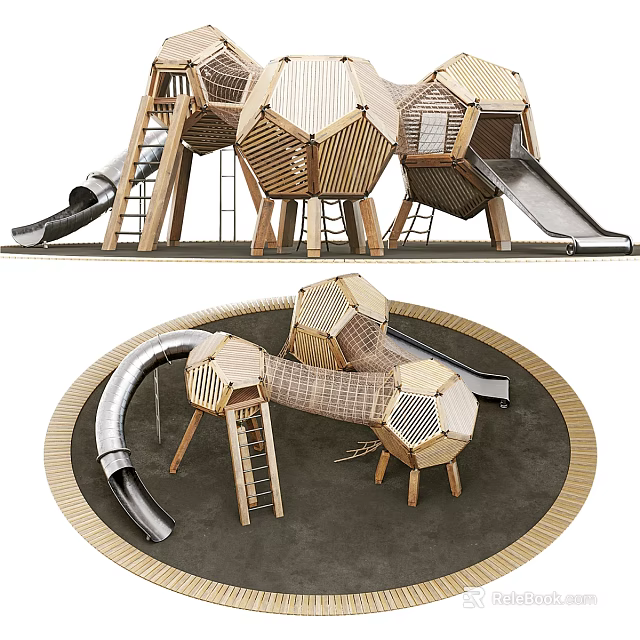 Wooden Playground Equipment With Slides Climbing Net And Hexagonal Structures 3d model