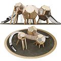 Wooden Playground Equipment With Slides Climbing Net And Hexagonal Structures 3d model