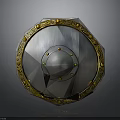 Round Metal Shield with Golden Decorative Edges Central Rivets and Polished Surface Design