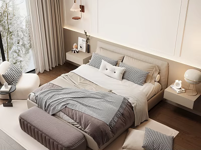 Modern Bedroom Interior With Beige Gray Bedding Pillows Nightstands Table Lamps Window Curtains And Ottoman 3d model