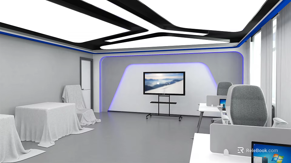 Modern Public Office Space With LED Strip Lighting TV Screen And Workstations 3d model