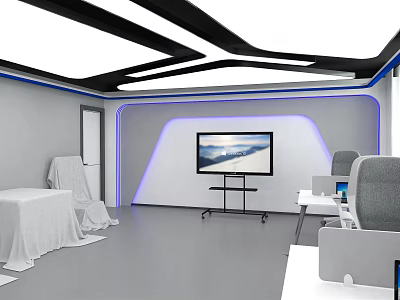 Modern Public Office Space With LED Strip Lighting TV Screen And Workstations 3d model