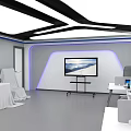 Modern Public Office Space With LED Strip Lighting TV Screen And Workstations 3d model