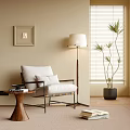 White Leisure Chair With Cushions And Floor Lamp Near Potted Plant Beige Wall