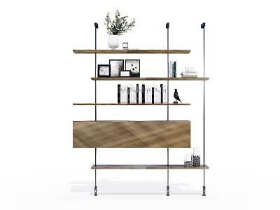 Modern Bookshelf With Wooden Shelves Metal Brackets Books Photo Frames And Potted Plant 3d model