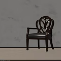 Classic Wooden Dining Chair With Ornate Carved Backrest Armrests And Gray Upholstered Seat