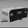 White Vintage Travel Trailer with Striped Exterior Windows and Classic Wheels Design