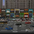 Bustling Commercial Street With High Rise Buildings Colorful Storefronts Pedestrians And Vehicles
