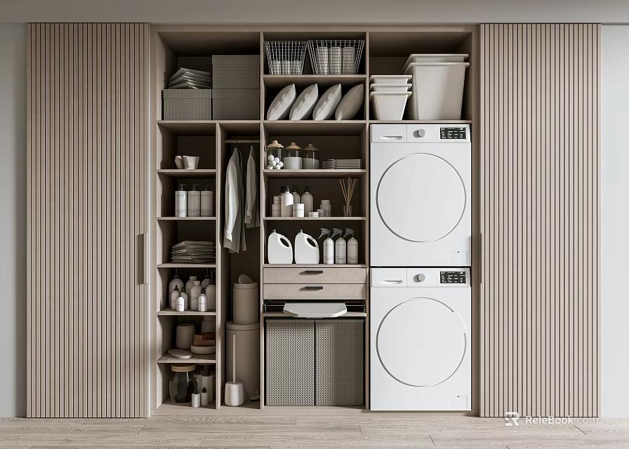 Modern Bathroom Cabinet Rack With Wooden Shelves Drawers And Washer Storage Space 3d model 