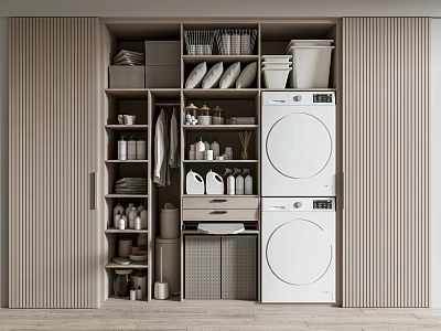 Modern Bathroom Cabinet Rack With Wooden Shelves Drawers And Washer Storage Space 3d model