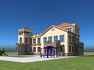 Cream School Building Red Tiled Roof Arched Windows Front Lawn Blue Red Swings Green Slide 3d model