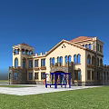 Cream School Building Red Tiled Roof Arched Windows Front Lawn Blue Red Swings Green Slide