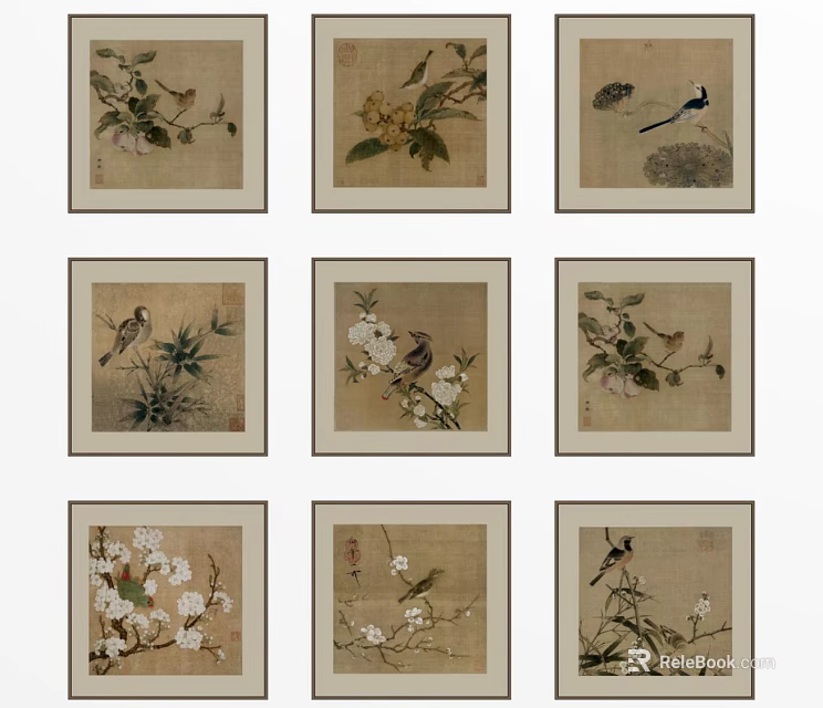 Traditional Chinese Flower And Bird Art Framed Paintings Collection Set Of Nine 3d model 