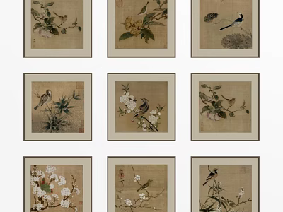 Traditional Chinese Flower And Bird Art Framed Paintings Collection Set Of Nine 3d model