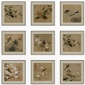 Traditional Chinese Flower And Bird Art Framed Paintings Collection Set Of Nine