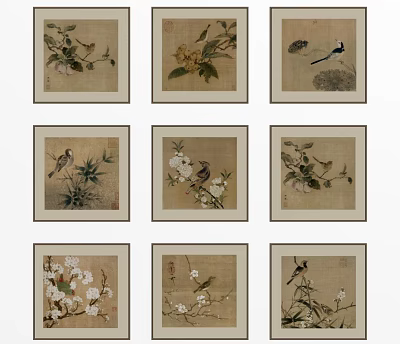 Traditional Chinese Flower And Bird Art Framed Paintings Collection Set Of Nine 3d model