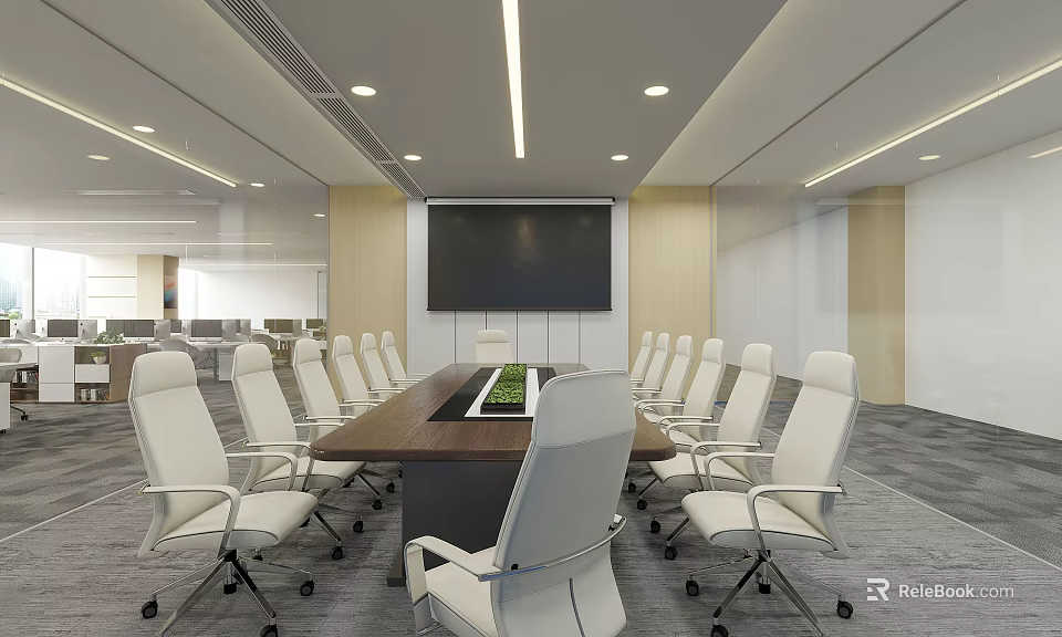 Modern Conference Room With Long Wooden Table White Office Chairs Large Screen And Ceiling Lighting 3d model 