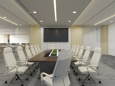Modern Conference Room With Long Wooden Table White Office Chairs Large Screen And Ceiling Lighting 3d model