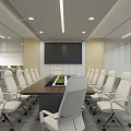 Modern Conference Room With Long Wooden Table White Office Chairs Large Screen And Ceiling Lighting