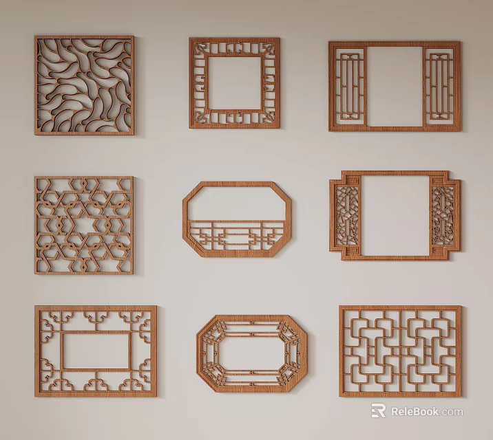 Wooden Lattice Windows with Various Traditional Carved Patterns for Home Decoration 3d model 