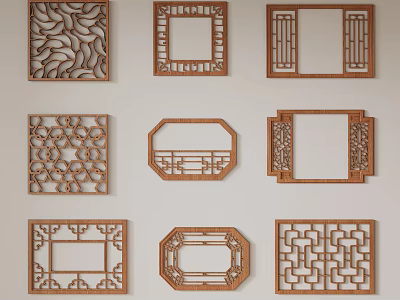 Wooden Lattice Windows with Various Traditional Carved Patterns for Home Decoration 3d model